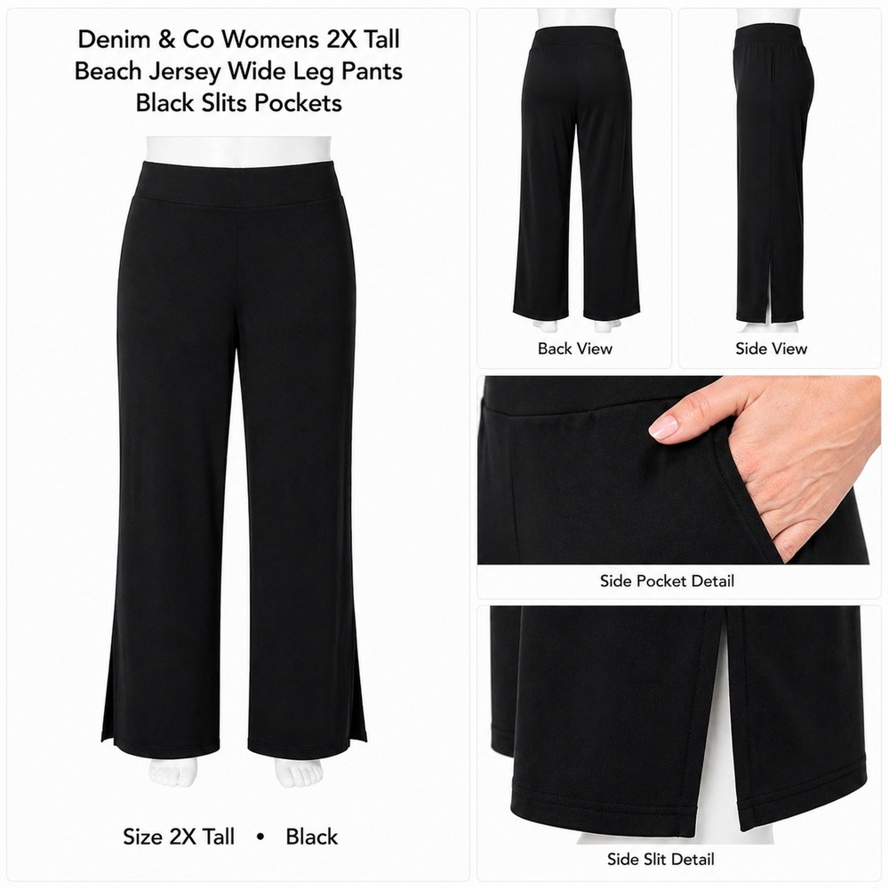 Denim & Co‎ Womens 2XT Tall Beach Jersey Wide Leg Pants Black Slits NWT